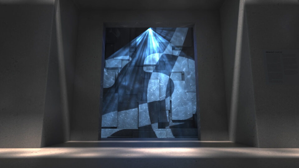 Abstract blue geometric art piece illuminated by a spotlight in a concrete gallery space.