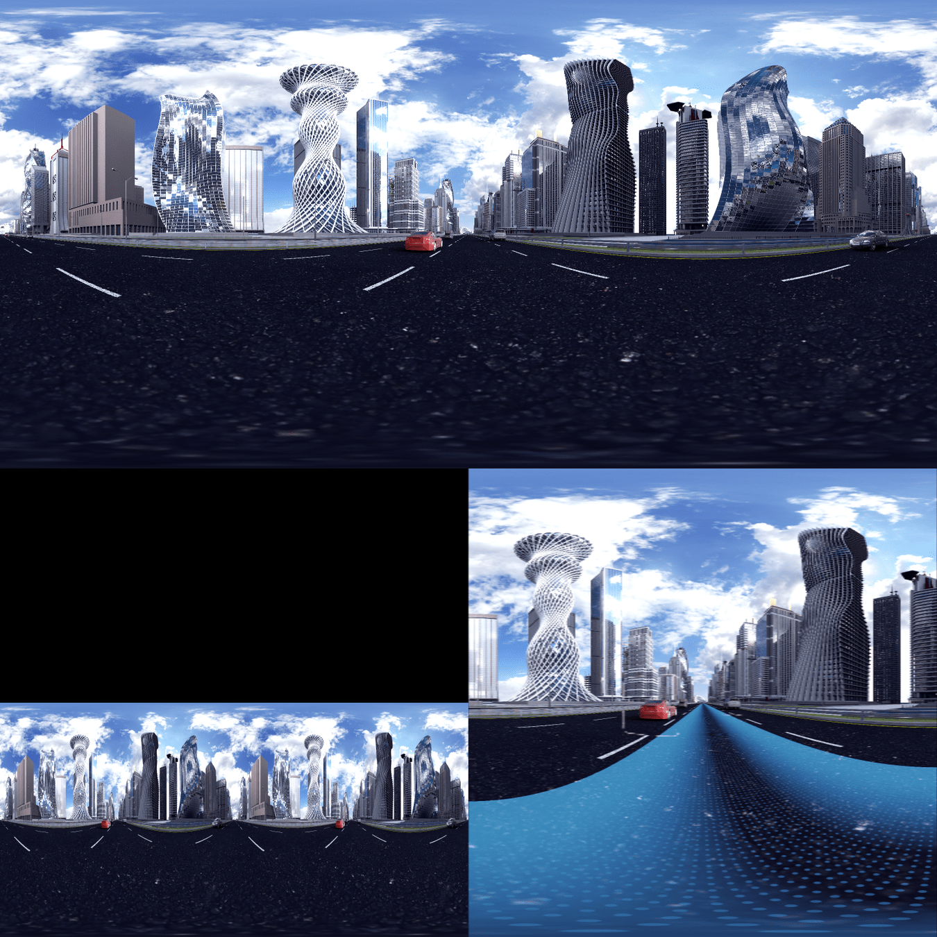 Futuristic CG city skyline with twisted skyscrapers viewed from a road perspective.