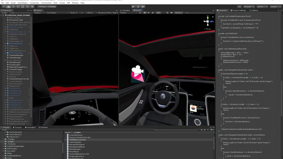 Unity editor showing car interior scene with code and asset panels