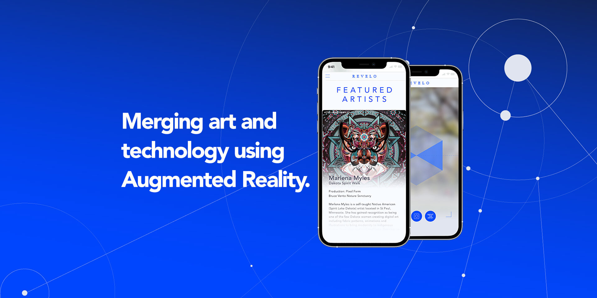 Revelo Augmented reality app merging art and tech, shown on smartphone screens.