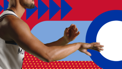 Basketball player in motion against bold graphic background