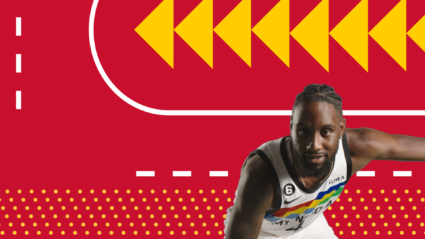 Basketball player in white jersey with rainbow accents, crouched on red background with yellow patterns.