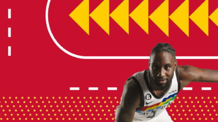 Basketball player in white jersey with rainbow accents, crouched on red background with yellow patterns.