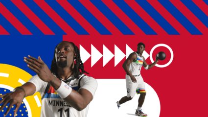 Two basketball players in Minnesota jerseys against a bold, colorful graphic background.