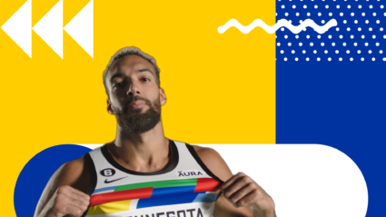 Basketball player in Minnesota jersey with colorful accents against bold graphic background