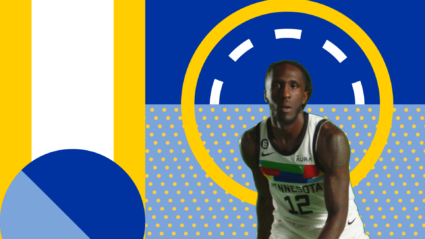 Basketball player in Minnesota jersey with bold graphic design elements