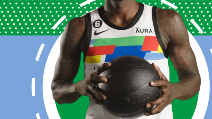 Basketball player in colorful jersey holding a black ball against stylized green and blue background.