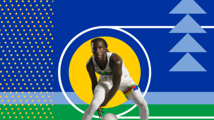 Basketball player dribbling in colorful graphic design