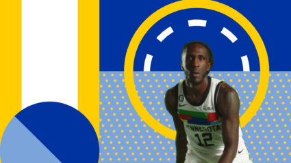 Basketball player in Minnesota jersey with bold graphic design elements