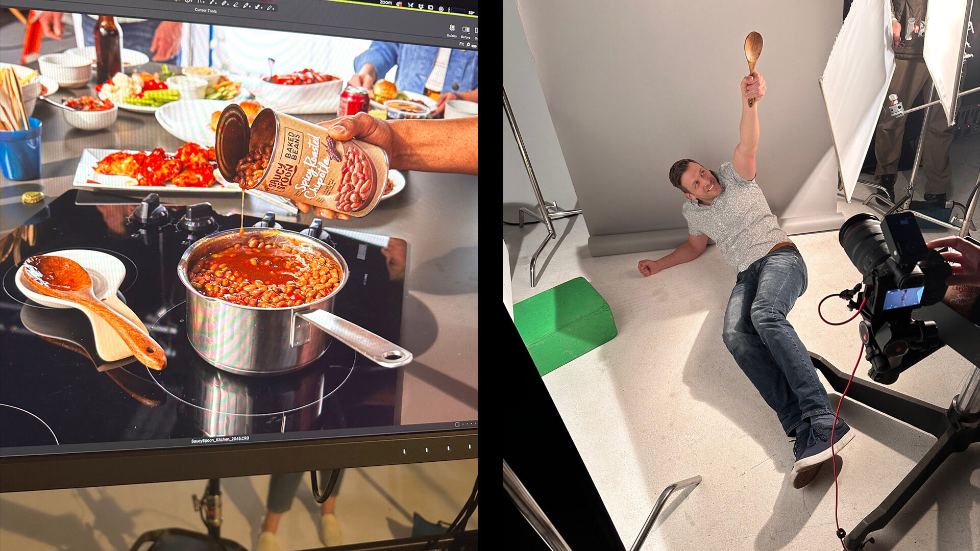 Man posing dramatically with wooden spoon during food product photoshoot