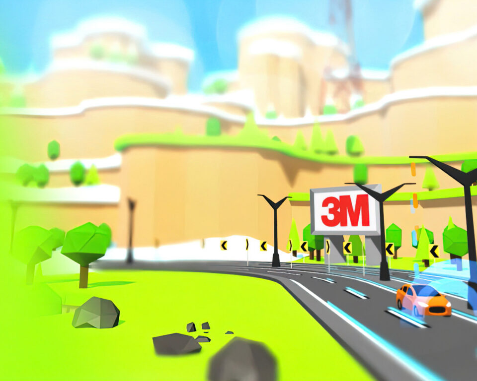 Orange car drives on road past 3M billboard in stylized landscape