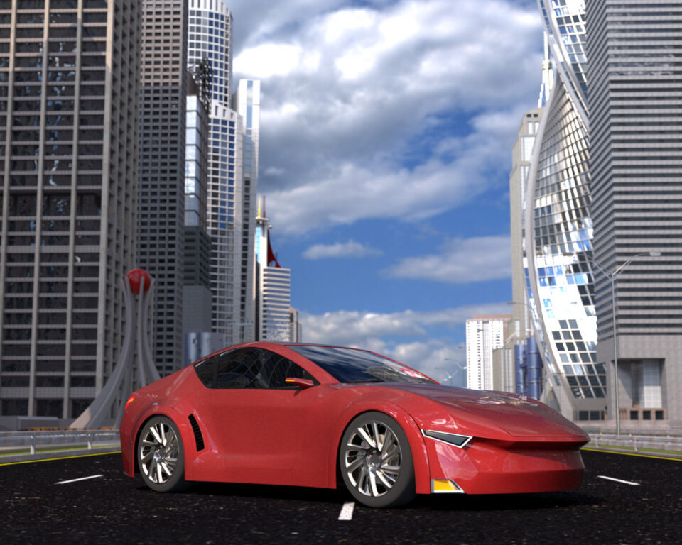 Red futuristic CG sports car on urban highway with skyscrapers