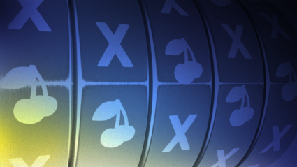 Blue and yellow gradient with repeating X's and cherry icons in a curved pattern.