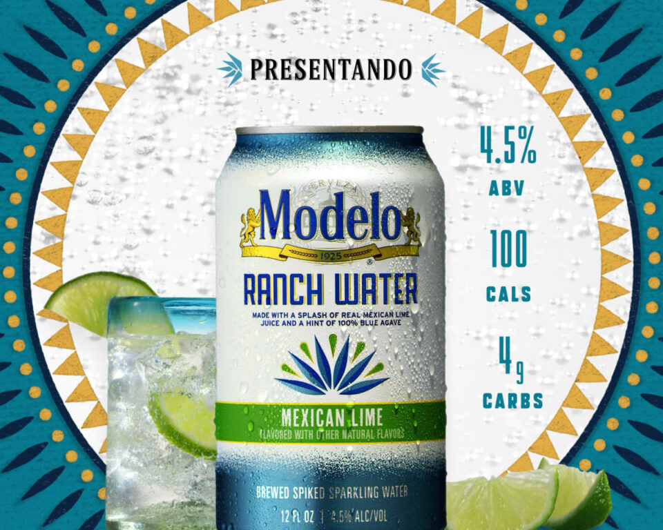 Modelo Ranch Water can with lime garnish, nutritional info, and festive design