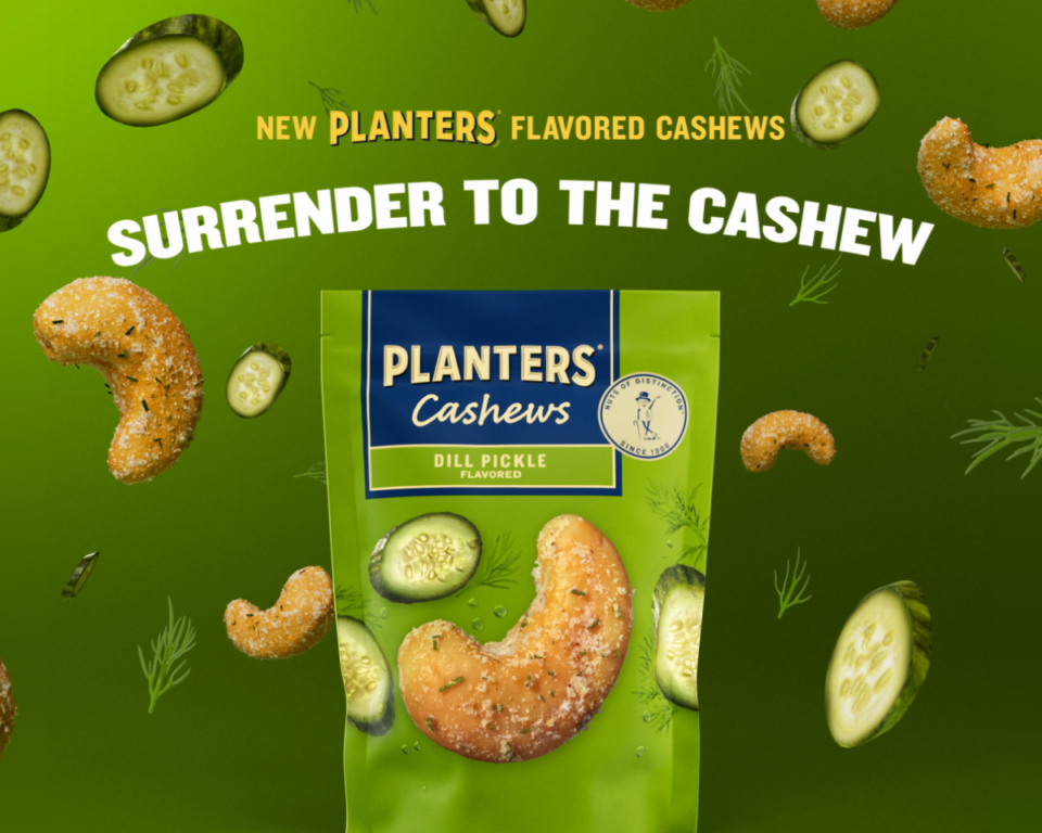 Planters Dill Pickle Flavored Cashews ad with floating cashews and cucumbers