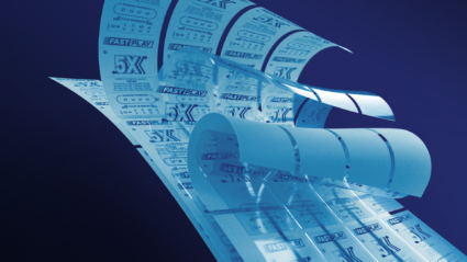 Blue lottery tickets with "5X" and "FAST PLAY" text, curling dynamically against a dark background.