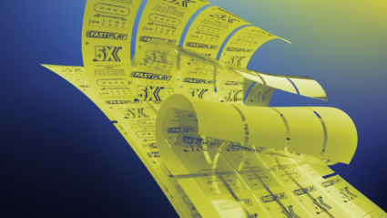 Yellow lottery tickets with "FAST PLAY 5X" text swirling in 3D space.