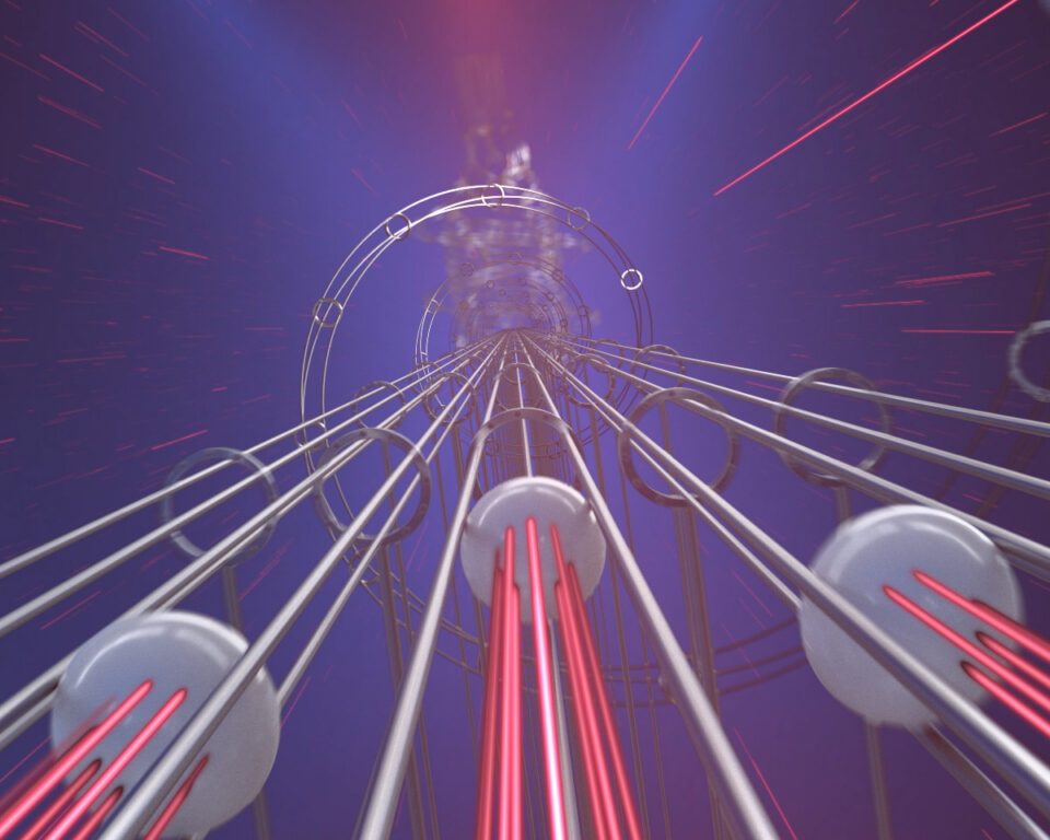 Futuristic tunnel with red laser beams and metallic rings against a starry purple background.