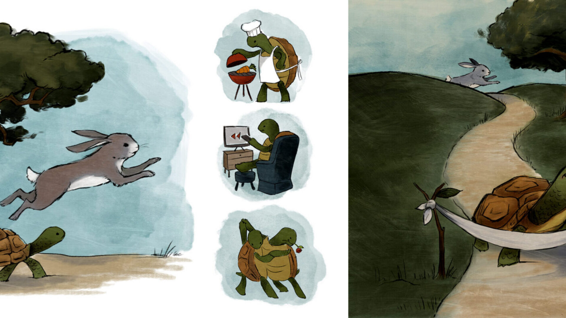 Turtle calmly hammock-sits as rabbit frantically runs past, with turtle’s leisurely activities shown in inset panels.