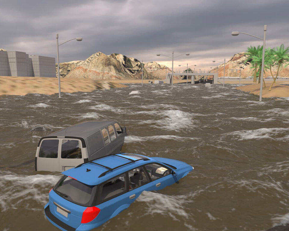 Flooded street with submerged cars and distant mountains under stormy sky