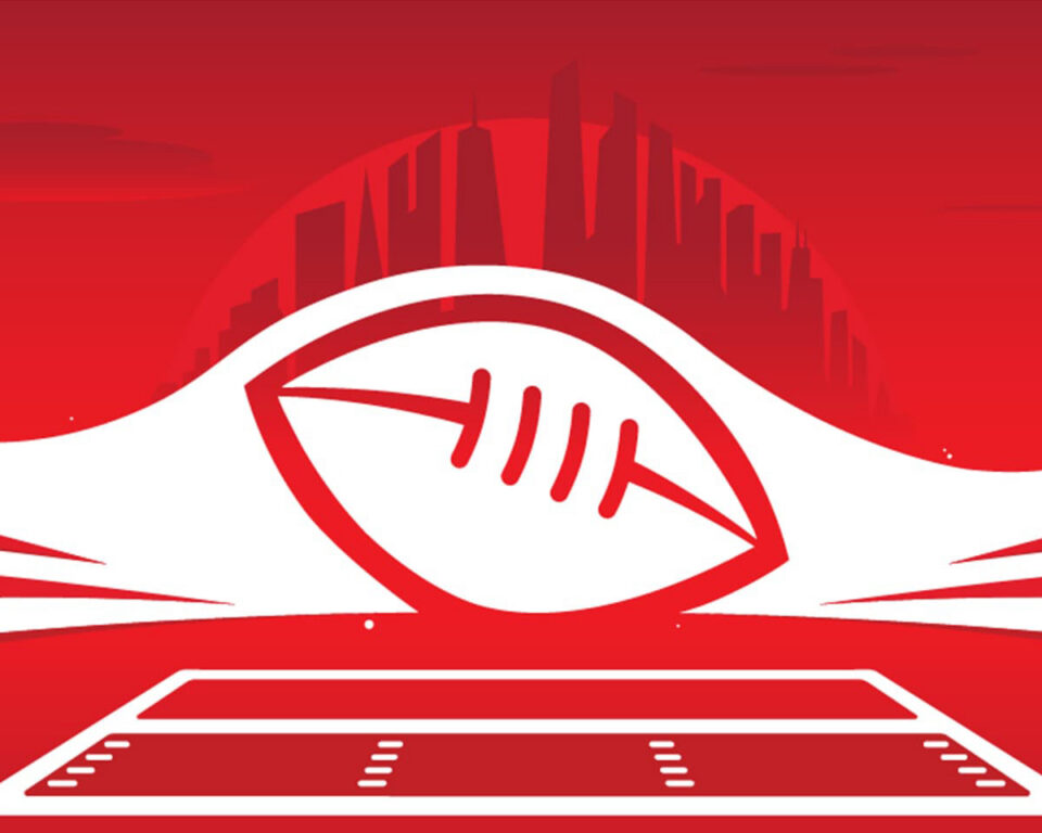 Red and white graphic of a football with city skyline background