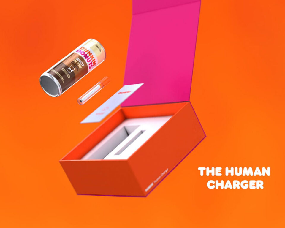 Dunkin' Donuts coffee can and charger box with "The Human Charger" text
