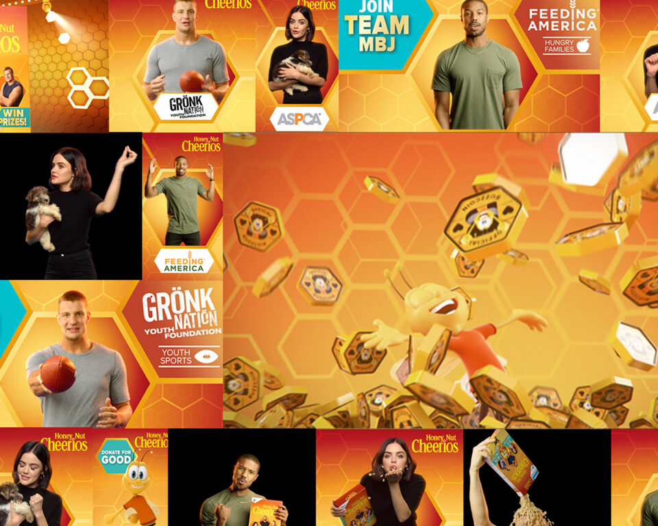 Honey Nut Cheerios ad collage with athletes, mascot, and charity logos