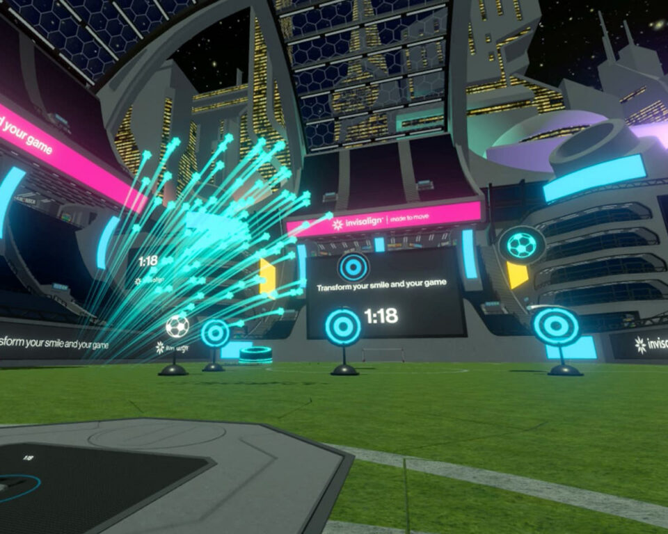 Futuristic stadium with glowing targets and "Transform your smile and your game" text.