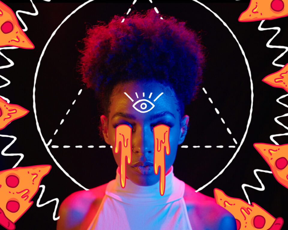 Person with glowing eyes and pizza slices in a neon, surreal design