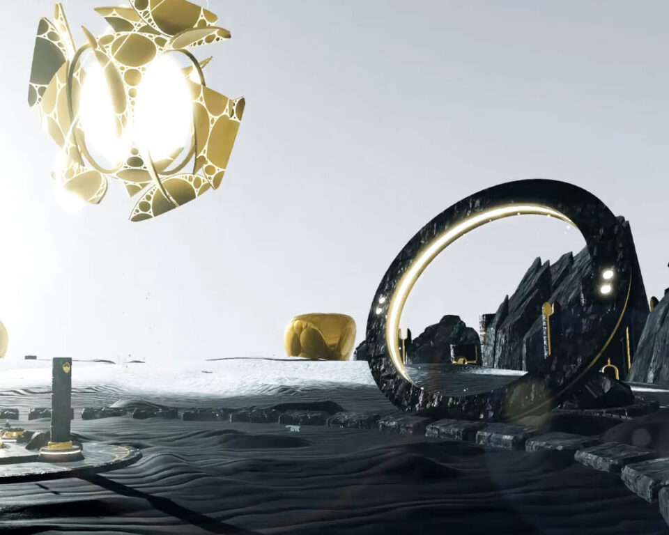 Futuristic sci-fi scene with glowing golden structures and a large ring portal.