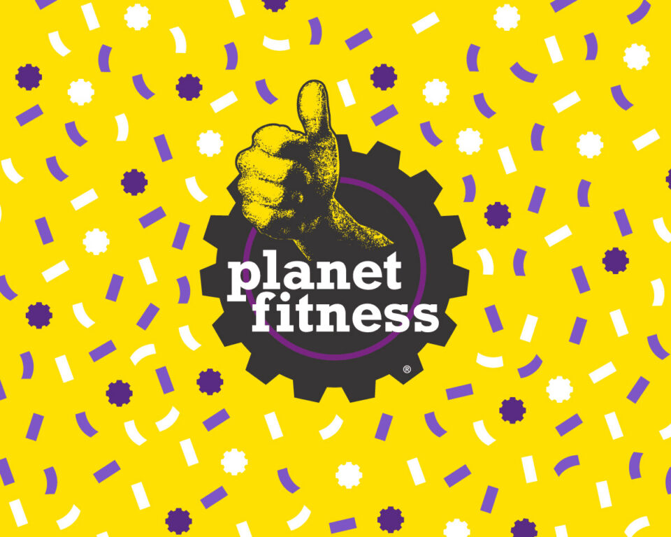 Planet Fitness logo with thumbs-up, yellow background, purple and white confetti