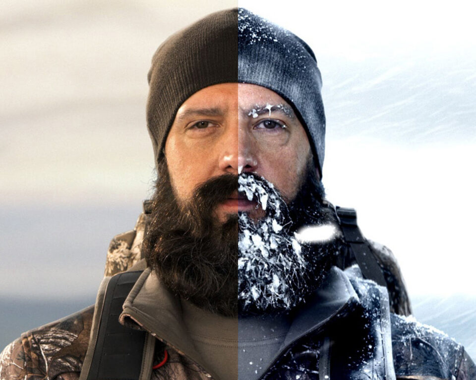 Man split face showing snowy vs. clear side, wearing beanie and jacket