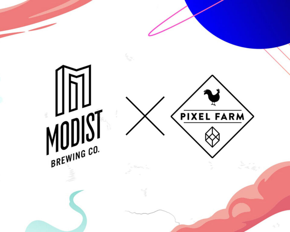 Modist Brewing Co. x Pixel Farm collaboration logo with colorful abstract shapes