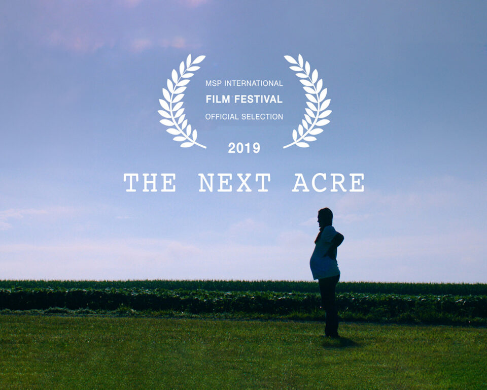 Silhouette of a person standing in a field under a blue sky, with "The Next Acre" festival text overlay.