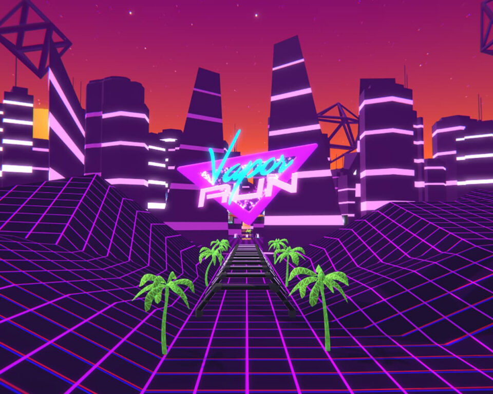 Neon sign reads "Vapor Run" against retro-futuristic city skyline