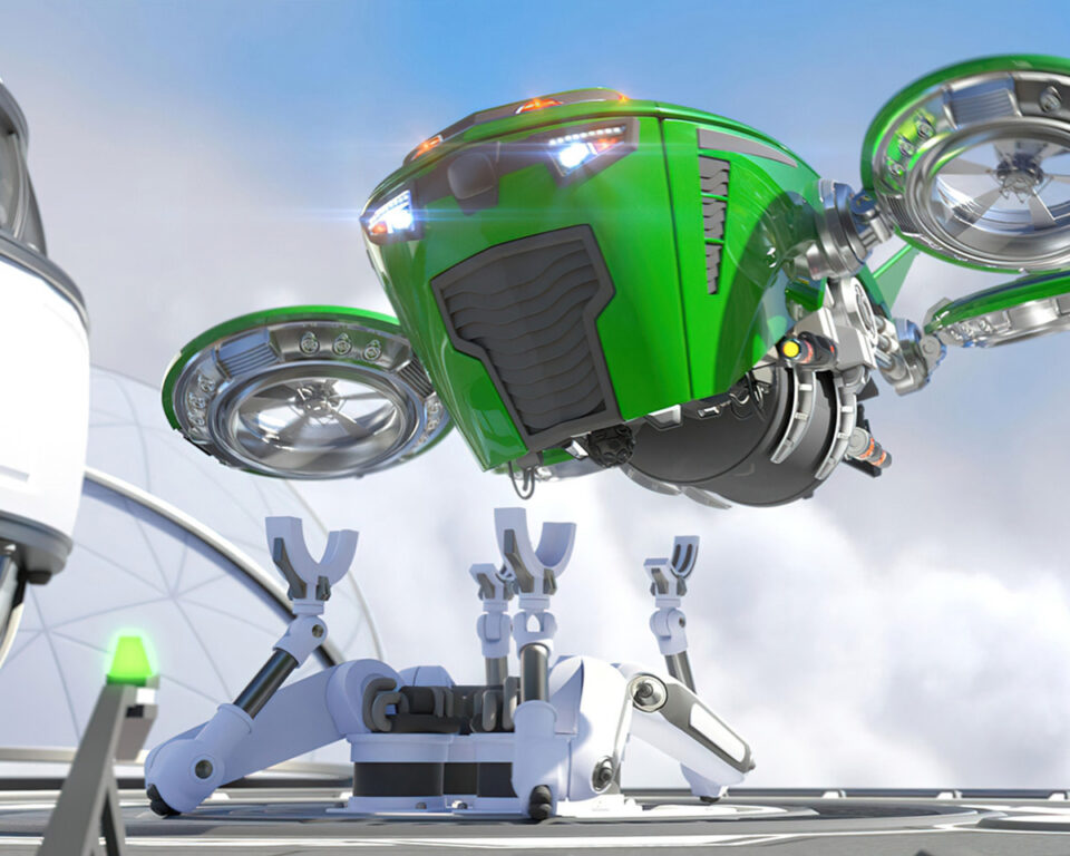 Green futuristic drone hovers above robotic arms in a sci-fi setting
