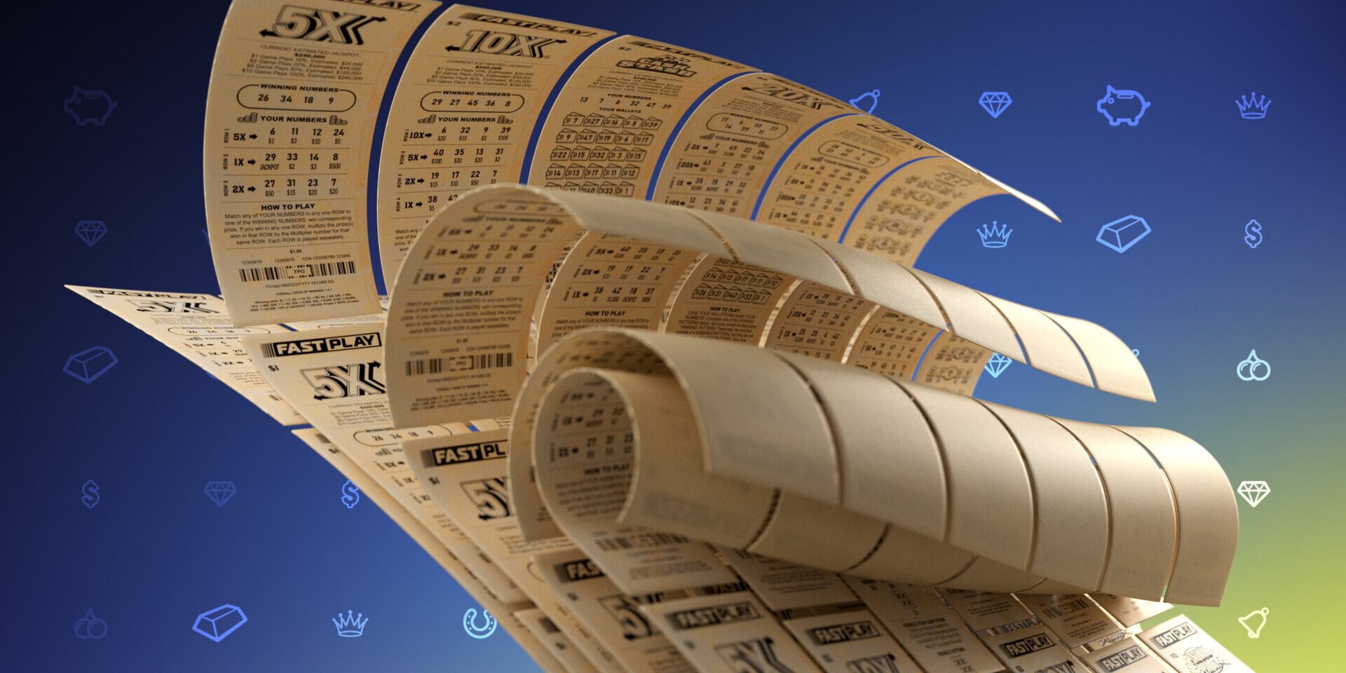 Rolling lottery tickets with symbols of wealth and fortune