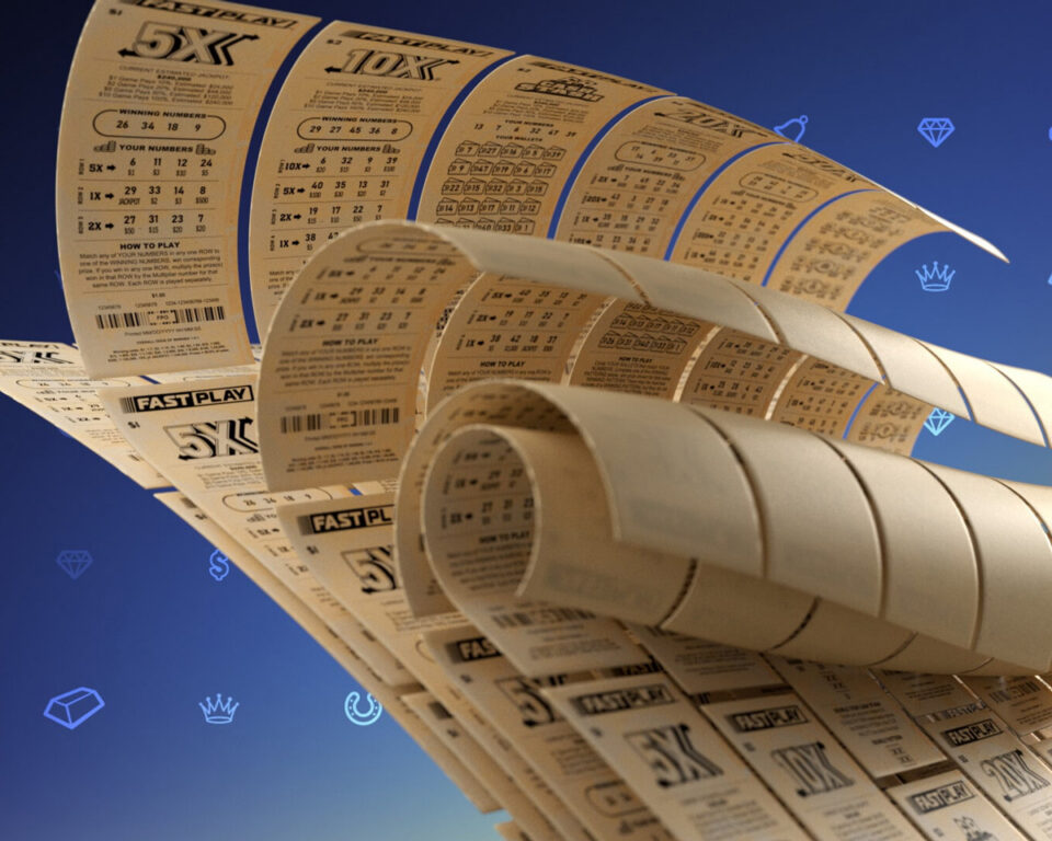 Lottery tickets with "Fast Play" and multipliers like 5X, 10X, shown in a dynamic roll.