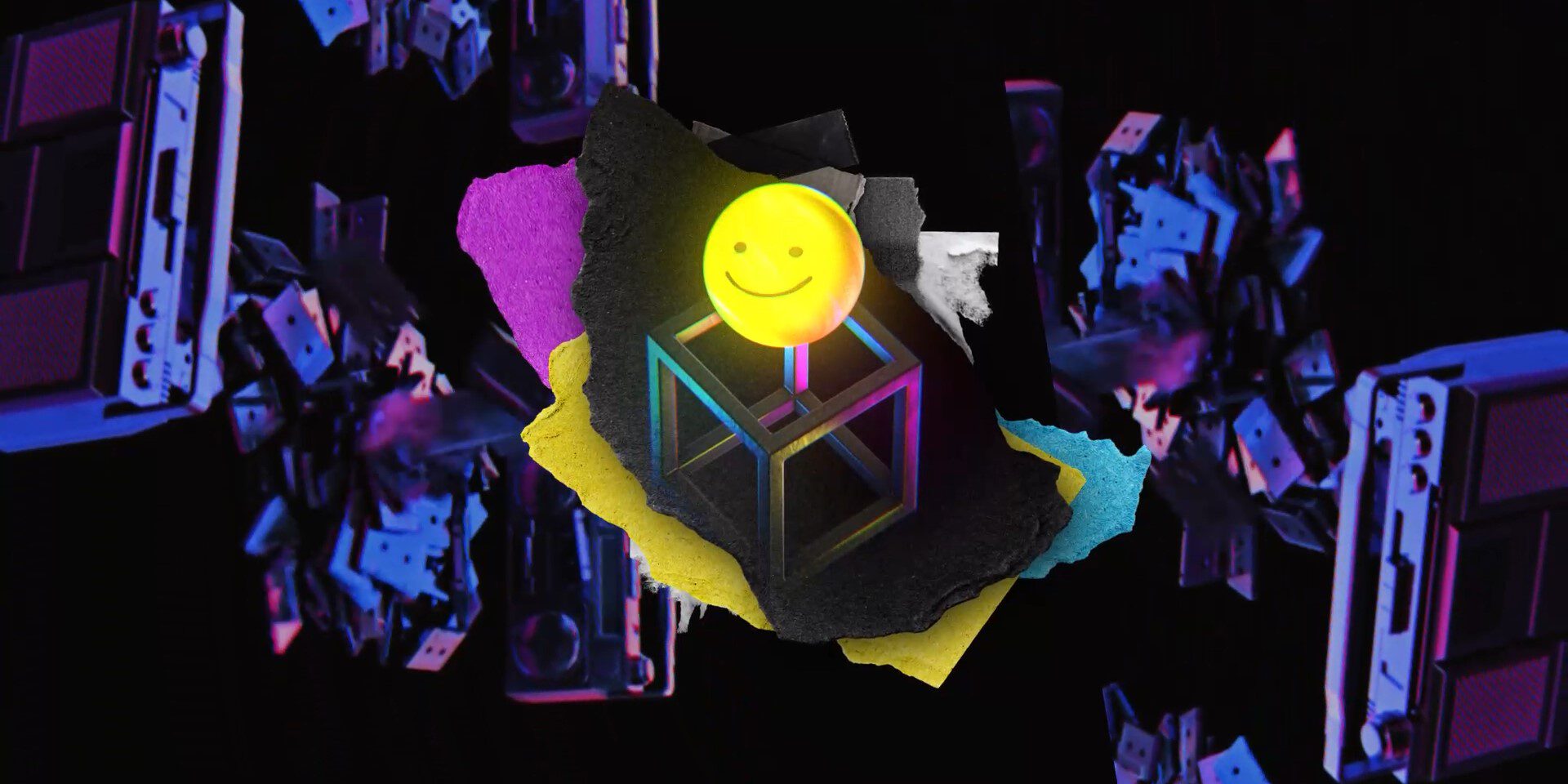 Glowing smiley face on a cube, surrounded by colorful torn paper and neon tech debris.