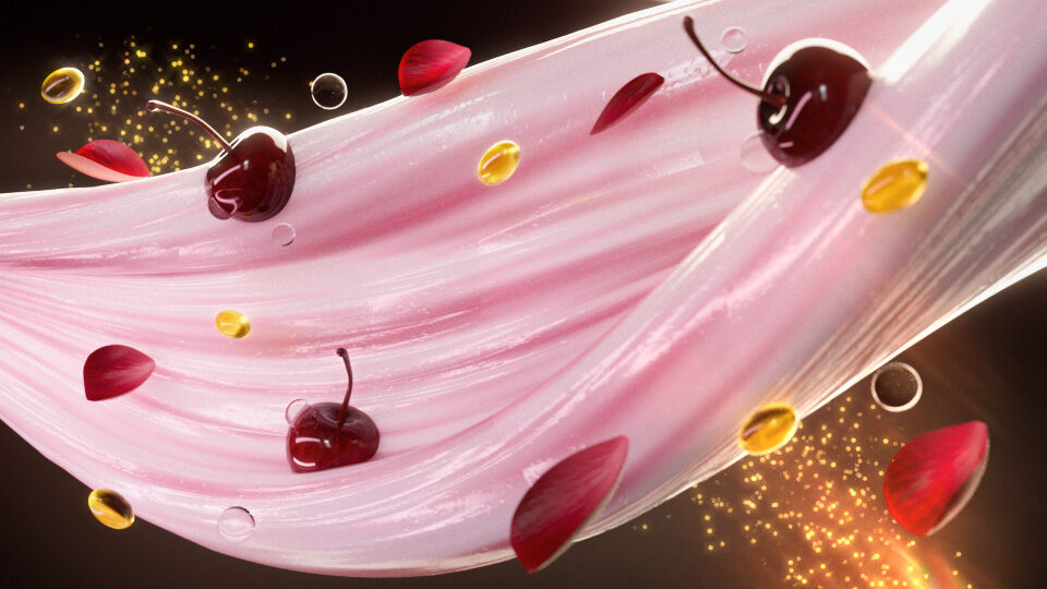Pink liquid swirl with cherries, petals, and golden droplets floating dynamically.