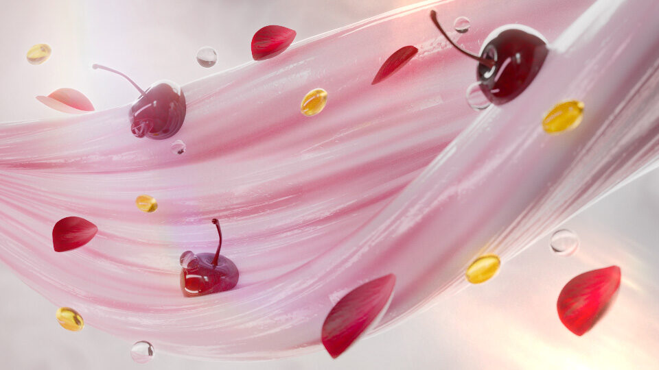 Pink swirl with cherries, petals, and golden droplets floating dynamically