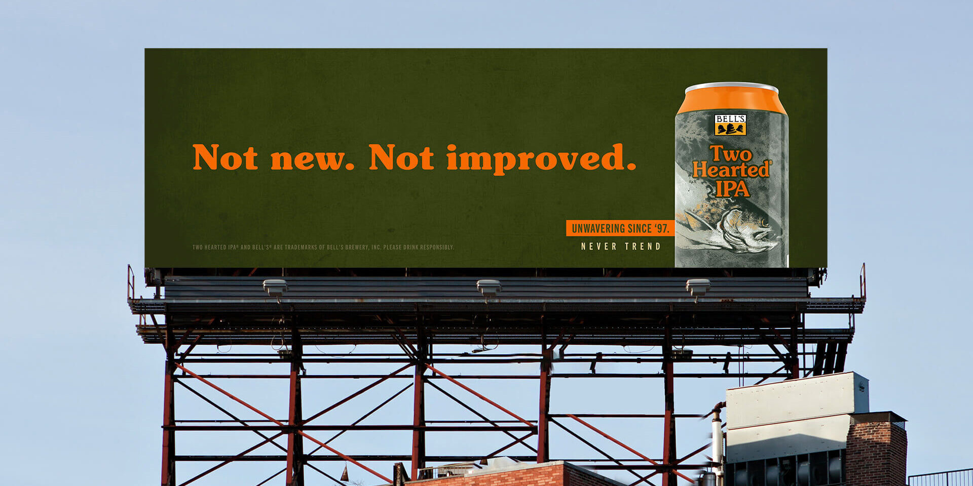 Billboard for Two Hearted IPA beer, slogan "Not new. Not improved."