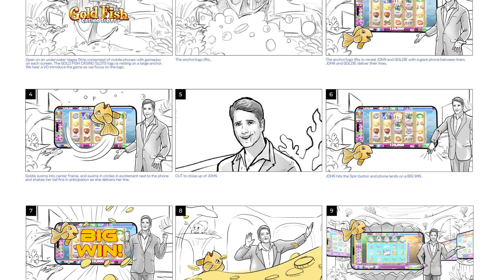 Animated underwater casino promo featuring hosts and slot game visuals.