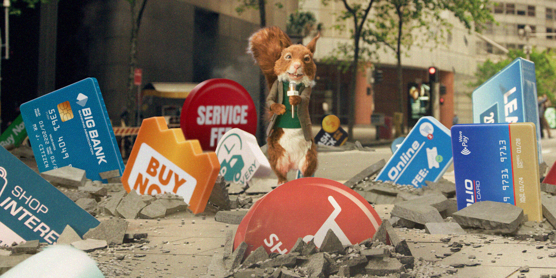Squirrel puppet stands amid broken credit cards and financial signs in urban rubble.