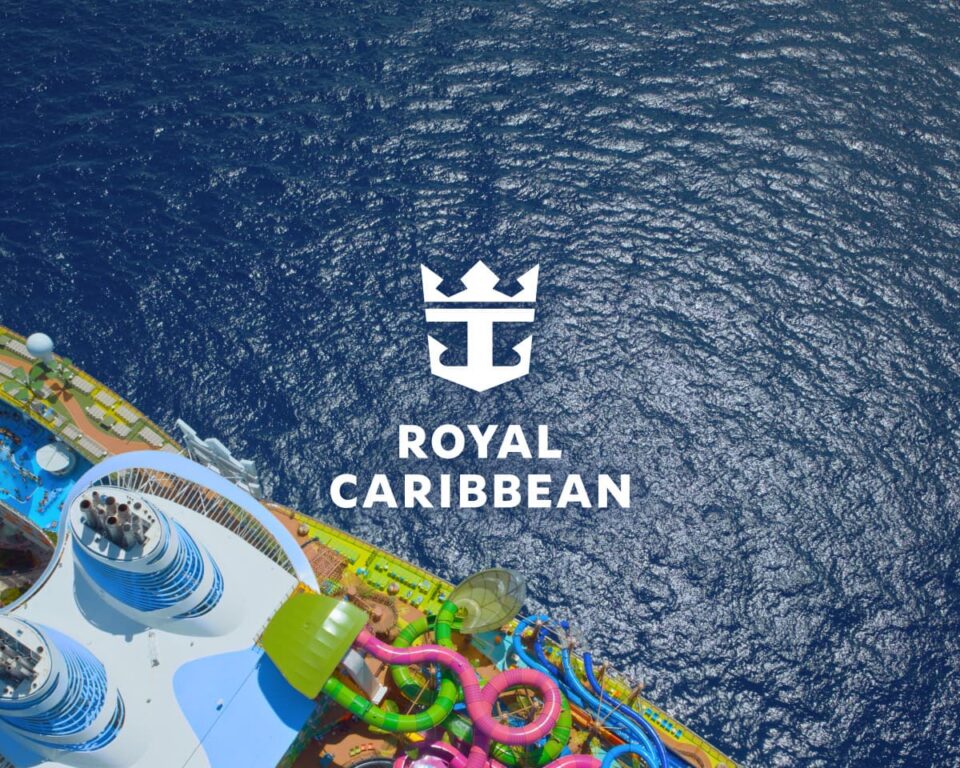 Aerial view of a Royal Caribbean cruise ship's top deck and water slides on the open ocean.